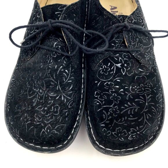 Alegria Bree Black Leather Floral Tooled Lace Up Sprigs Support Oxford Shoes - Picture 8 of 16